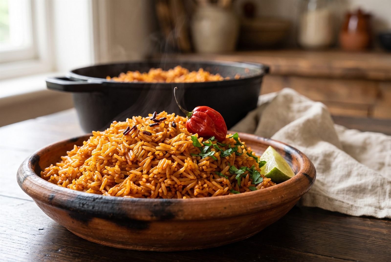 Simple Jollof Rice, deep reddish-orange West African rice cooked in a tomato and pepper base, garnished with parsley, lime, and a scotch bonnet